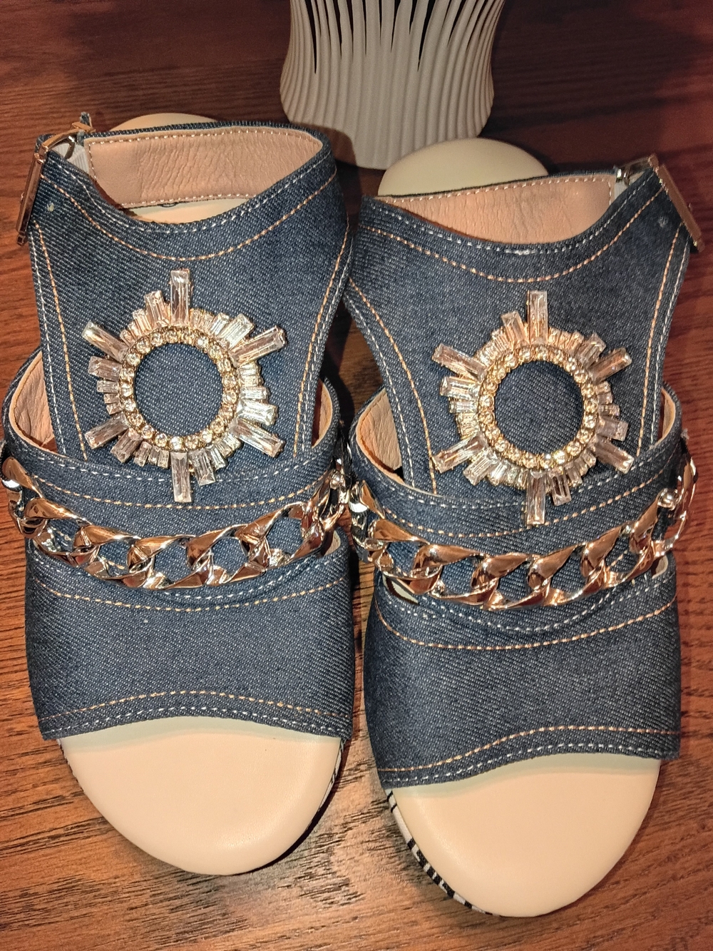 Embellished Denim Open-Toe Women’s Sandals - Blue